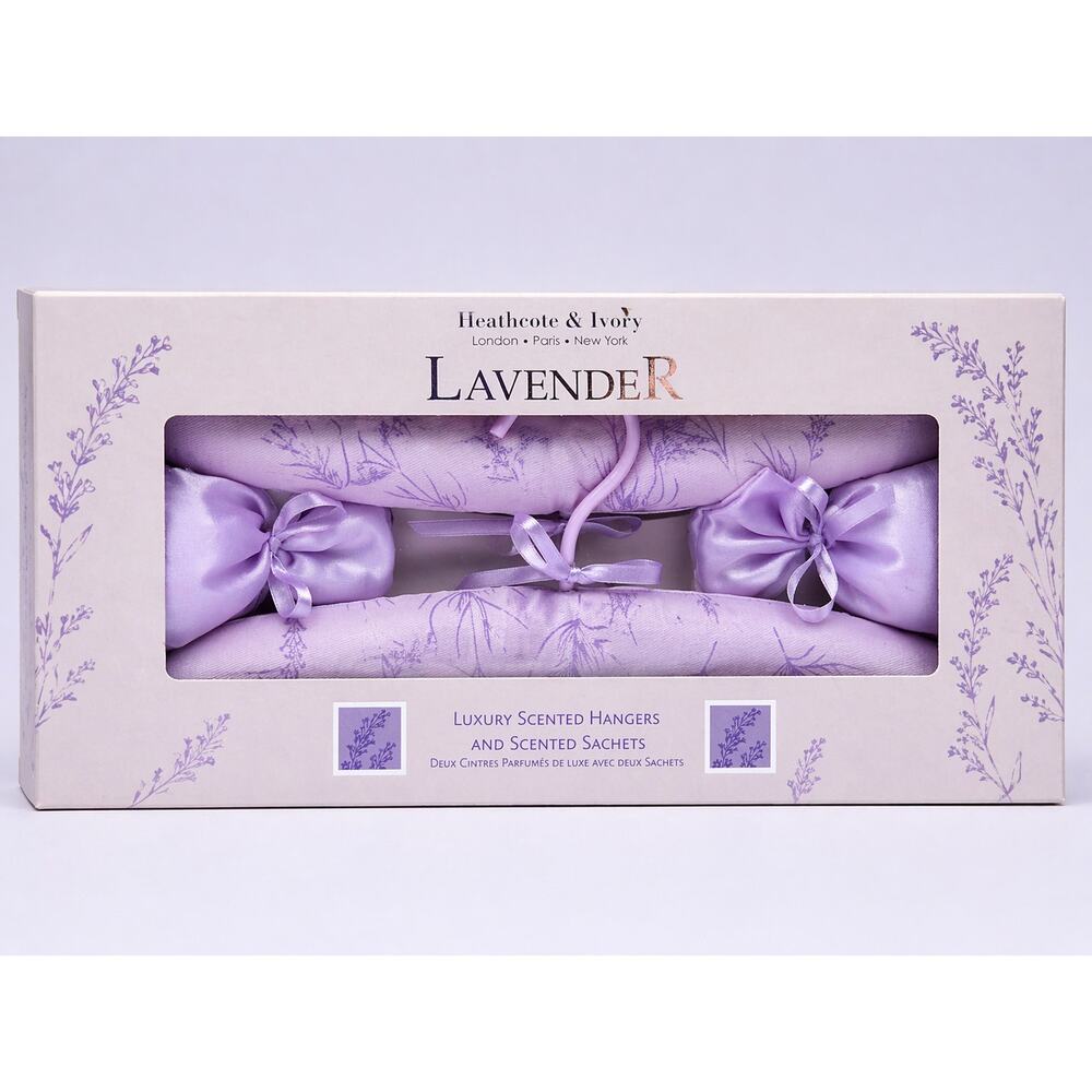 Heathcote & Ivory Lavender Luxury Scented Padded Hangers & Sachets Set - New